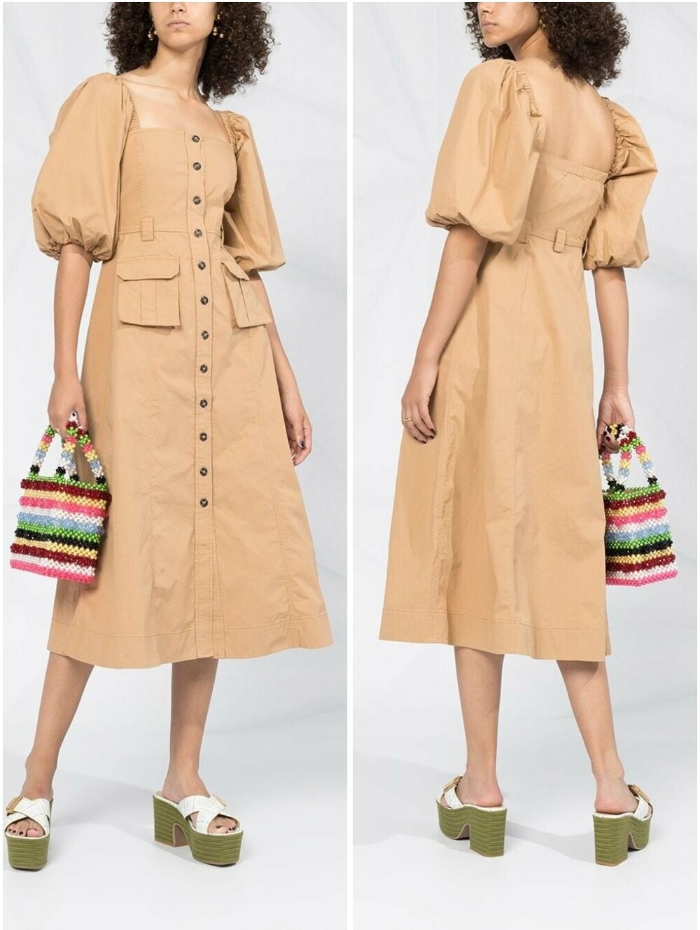 Ganni Ripstop Cotton Chino Puff Sleeve Midi Dress 34/2 Tannin NWT New